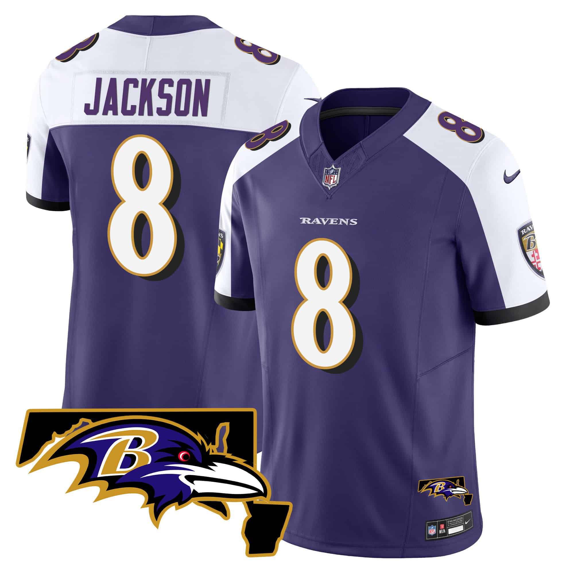 Men Baltimore Ravens #8 Jackson Purple 2024 Nike Maryland Patch Vapor Limited NFL Jersey